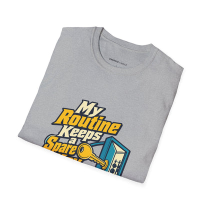 Graphic fitness T-shirt featuring the "My Routine Keeps a Spare Key for Me" design.