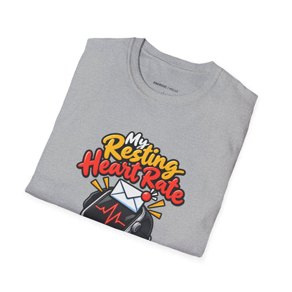 Graphic fitness T-shirt featuring the "My Resting Heart Rate Has a Work Email" design.