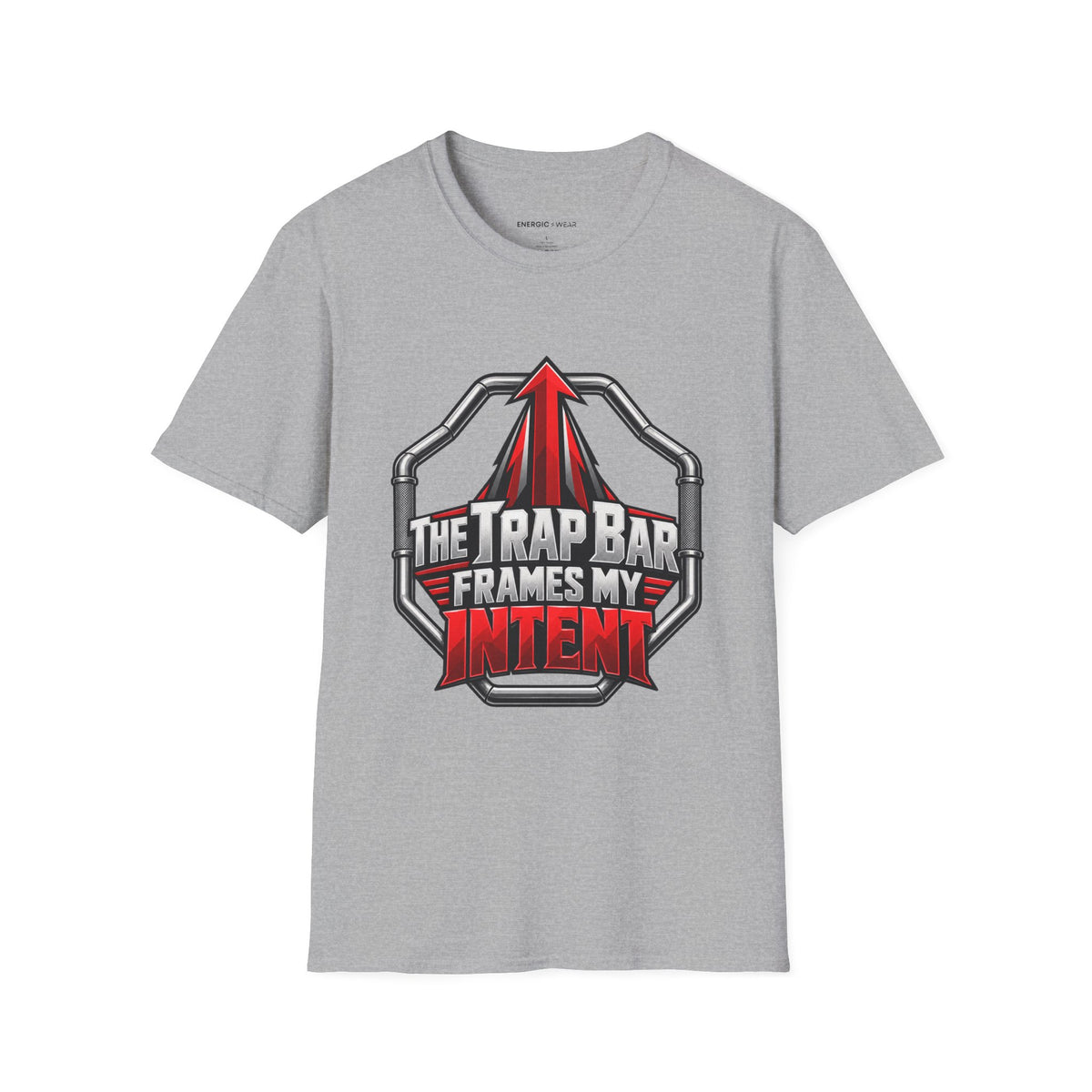 Graphic fitness T-shirt featuring the "The Trap Bar Frames My Intent" design.