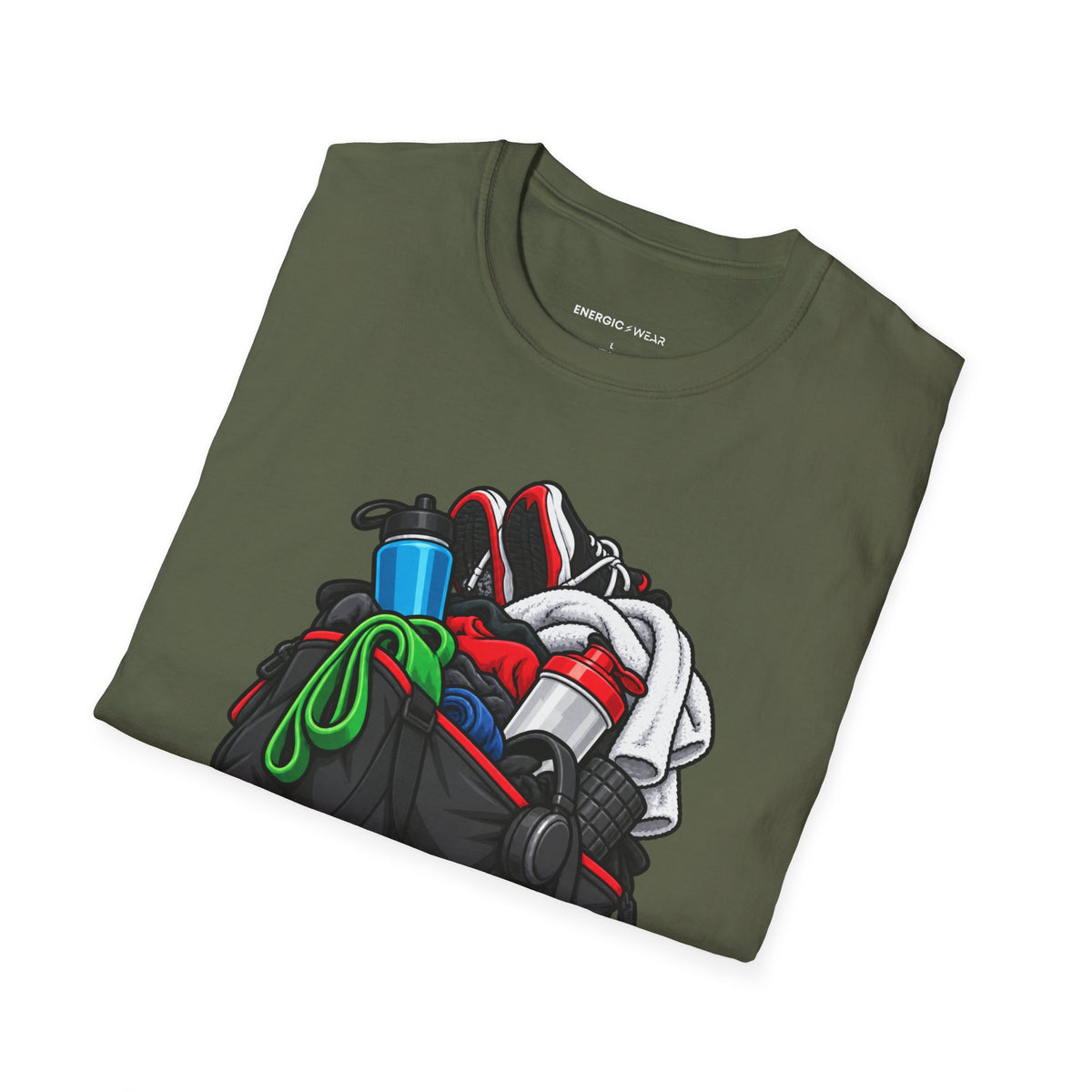 Graphic fitness T-shirt featuring the "I Need a Spotter for My Gym Bag" design.