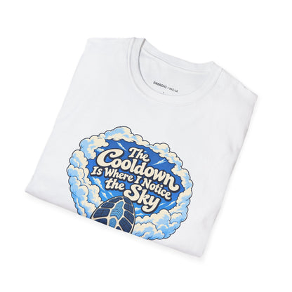 Graphic fitness T-shirt featuring the "The Cooldown Is Where I Notice the Sky" design.