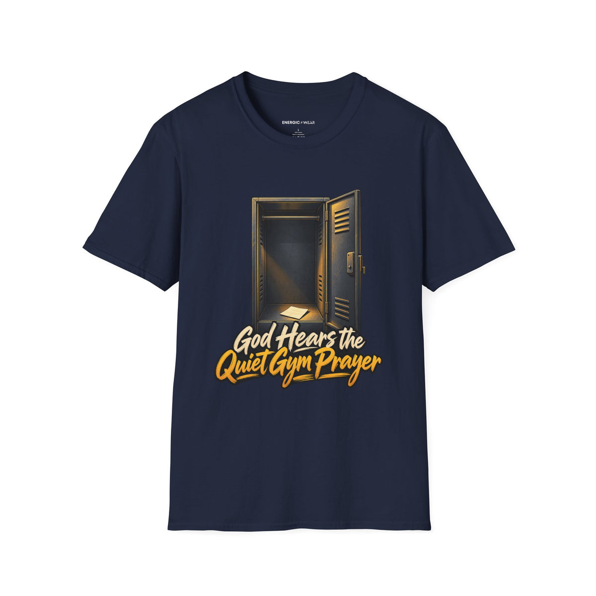 Graphic fitness T-shirt featuring the "God Hears the Quiet Gym Prayer" design.