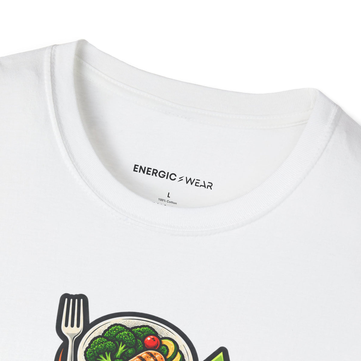 Graphic fitness T-shirt featuring the "Built Between Meals" design.