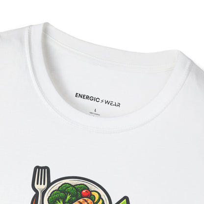 Graphic fitness T-shirt featuring the "Built Between Meals" design.
