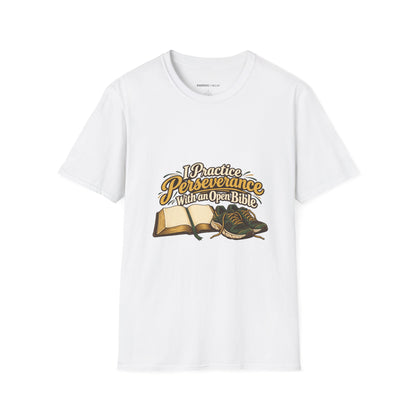 Graphic fitness T-shirt featuring the "I Practice Perseverance with an Open Bible" design.