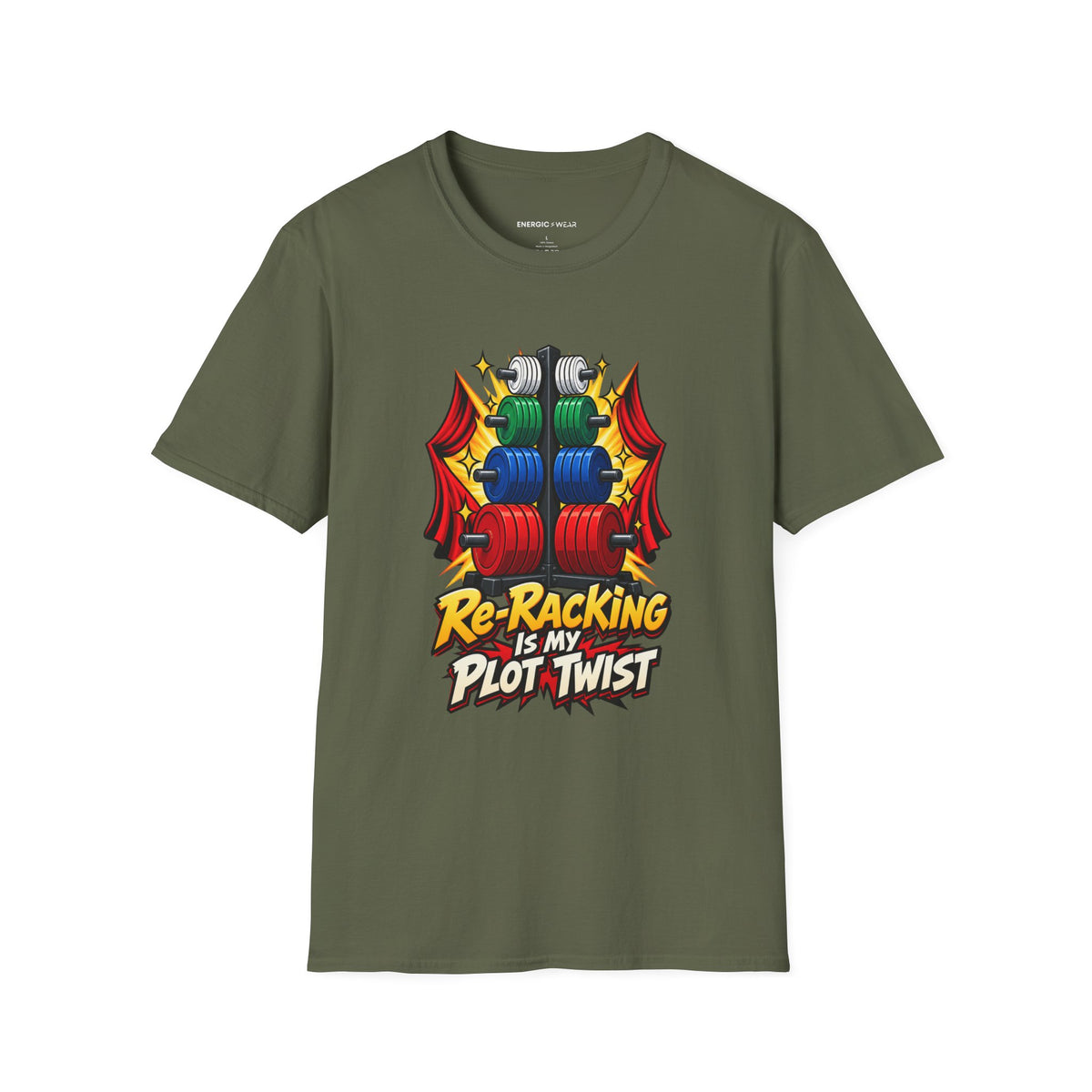 Graphic fitness T-shirt featuring the "Re-Racking Is My Plot Twist" design.