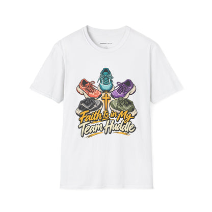Graphic fitness T-shirt featuring the "Faith Is in My Team Huddle" design.