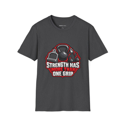 Graphic fitness T-shirt featuring the "Strength Has More Than One Grip" design.