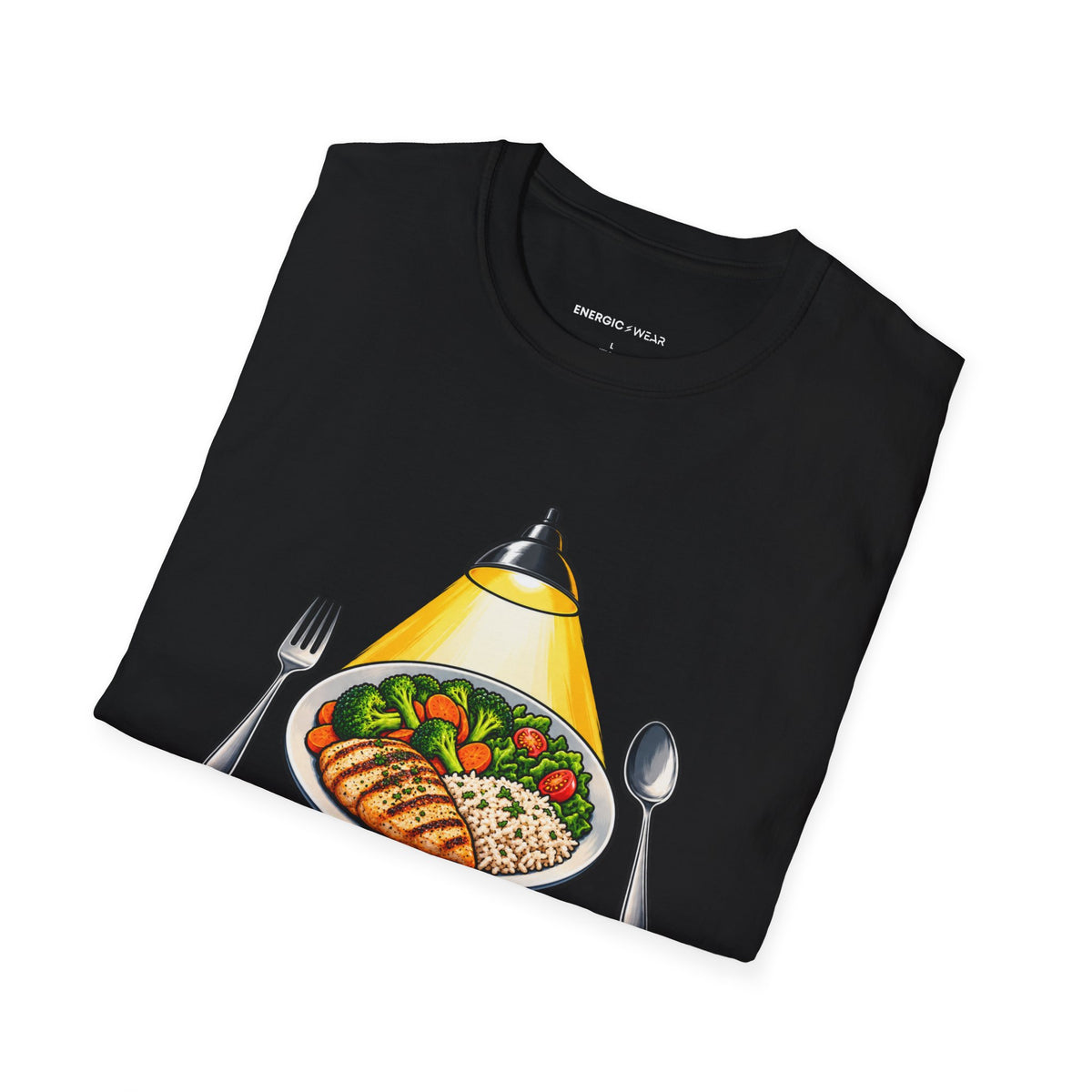 Graphic fitness T-shirt featuring the "I Plate My Food with Championship Focus" design.