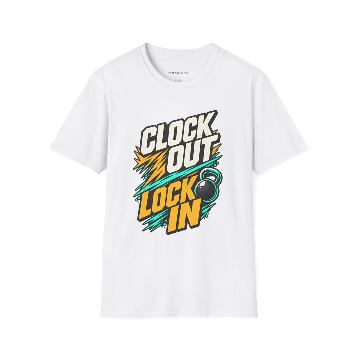 Graphic fitness T-shirt featuring the "Clock Out, Lock In" design.
