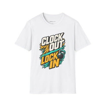 Graphic fitness T-shirt featuring the "Clock Out, Lock In" design.