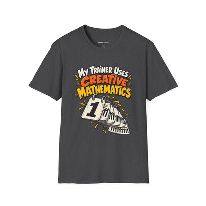 Graphic fitness T-shirt featuring the "My Trainer Uses Creative Mathematics" design.