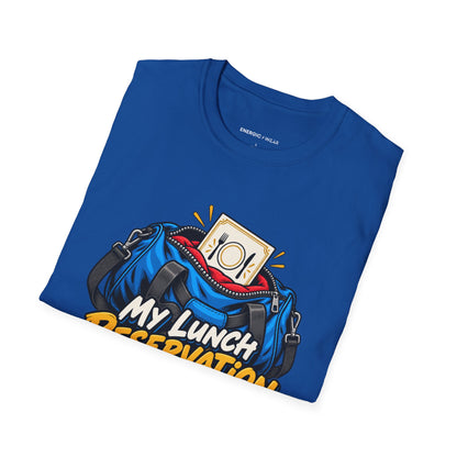 Graphic fitness T-shirt featuring the "My Lunch Reservation Survived the Workout" design.
