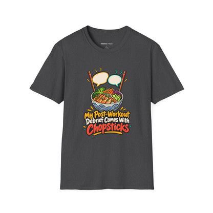 Graphic fitness T-shirt featuring the "My Post-Workout Debrief Comes With Chopsticks" design.