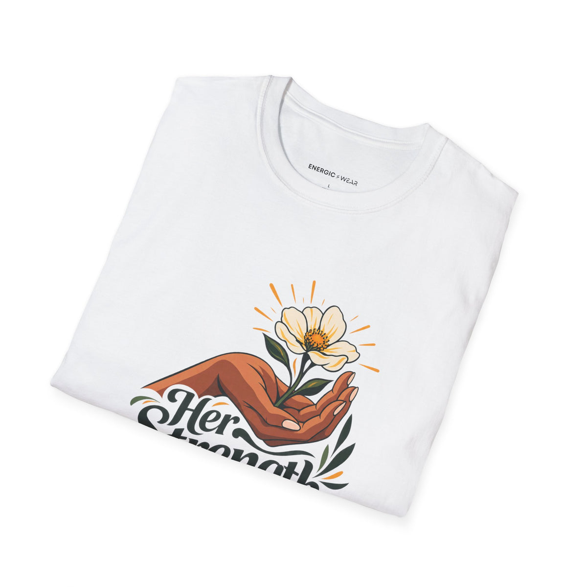 Graphic fitness T-shirt featuring the "Her Strength Has Room for Kindness" design.