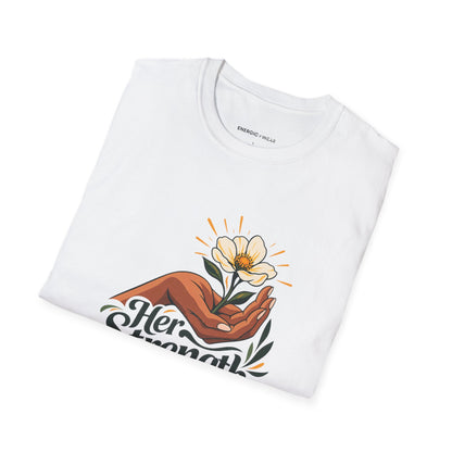 Graphic fitness T-shirt featuring the "Her Strength Has Room for Kindness" design.