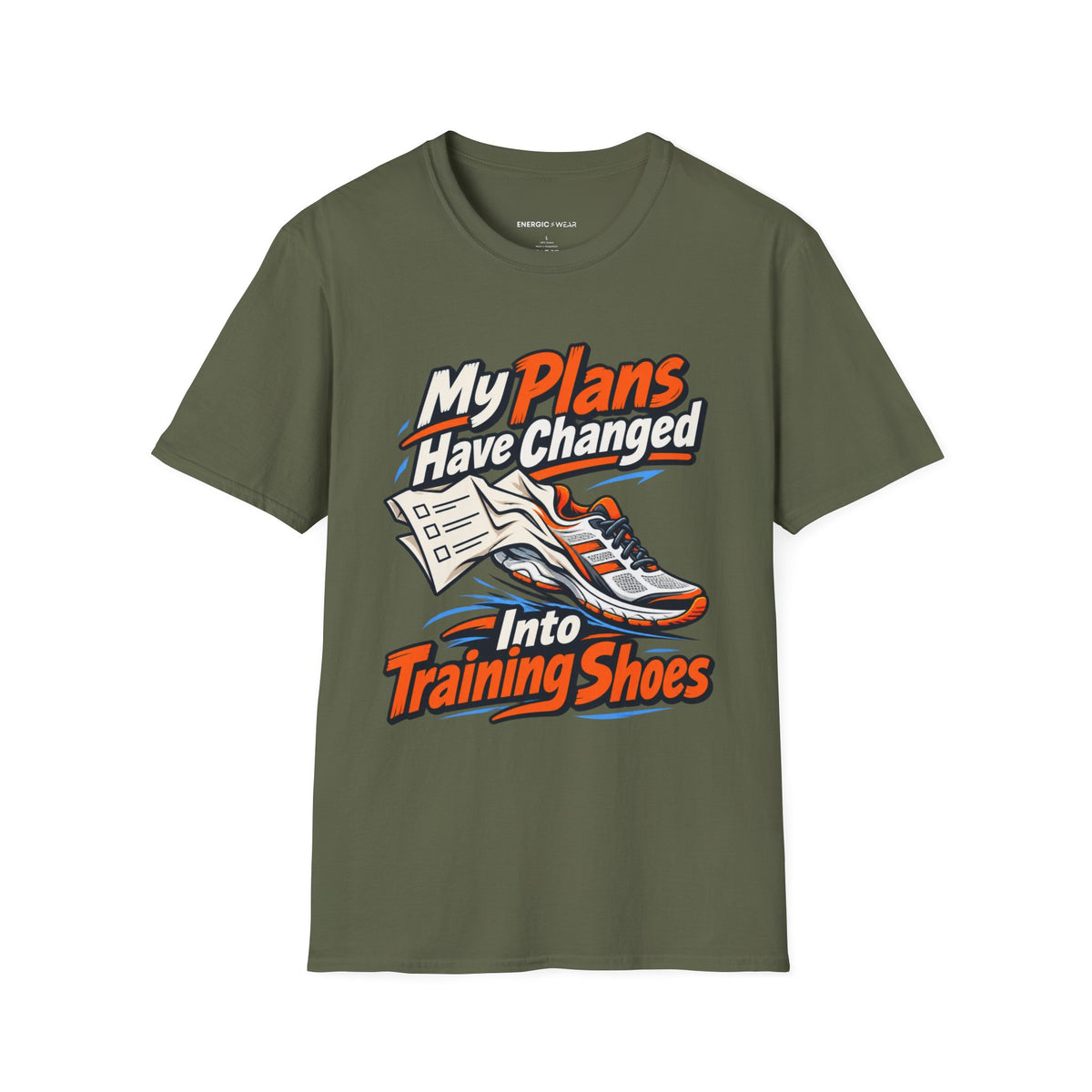 Graphic fitness T-shirt featuring the "My Plans Have Changed Into Training Shoes" design.