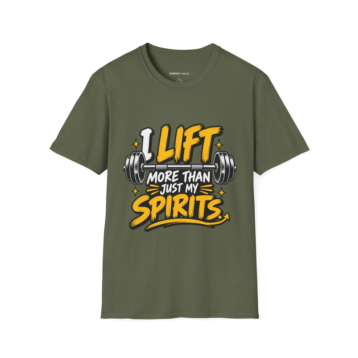 Graphic fitness T-shirt featuring the "I Lift More Than My Spirits" design.