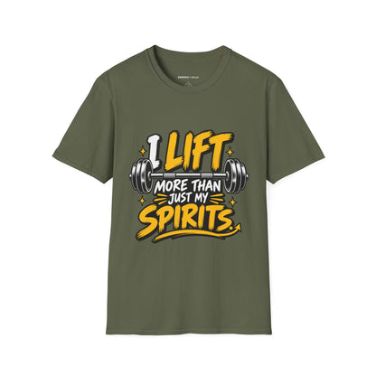 Graphic fitness T-shirt featuring the "I Lift More Than My Spirits" design.