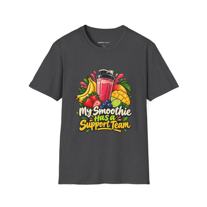 Graphic fitness T-shirt featuring the "My Smoothie Has a Support Team" design.
