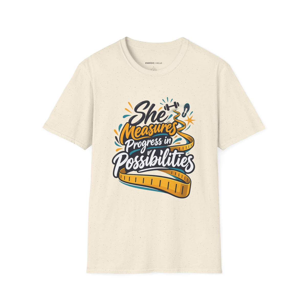 Graphic fitness T-shirt featuring the "She Measures Progress in Possibilities" design.