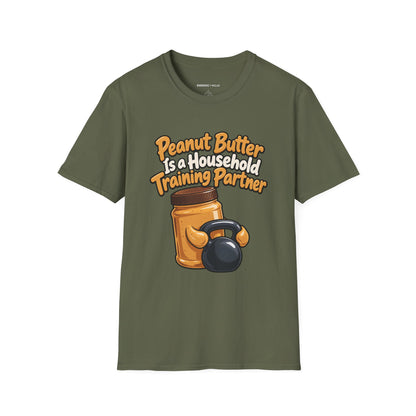 Graphic fitness T-shirt featuring the "Peanut Butter Is a Household Training Partner" design.