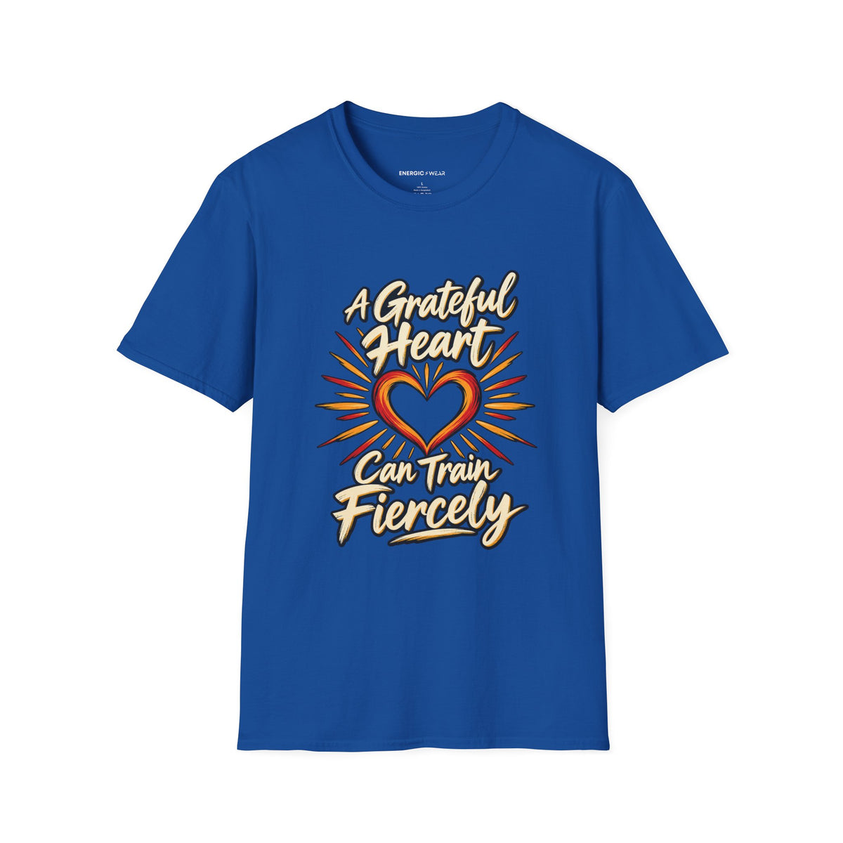 Graphic fitness T-shirt featuring the "A Grateful Heart Can Train Fiercely" design.