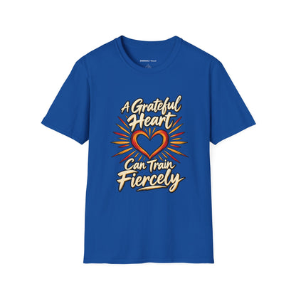 Graphic fitness T-shirt featuring the "A Grateful Heart Can Train Fiercely" design.