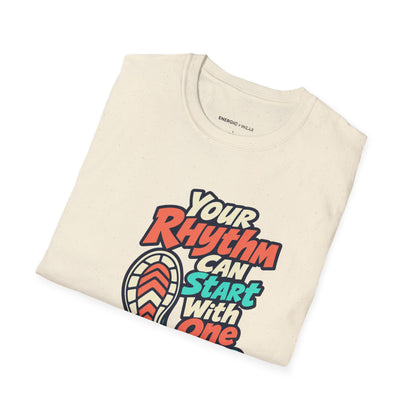 Graphic fitness T-shirt featuring the "Your Rhythm Can Start With One Step" design.