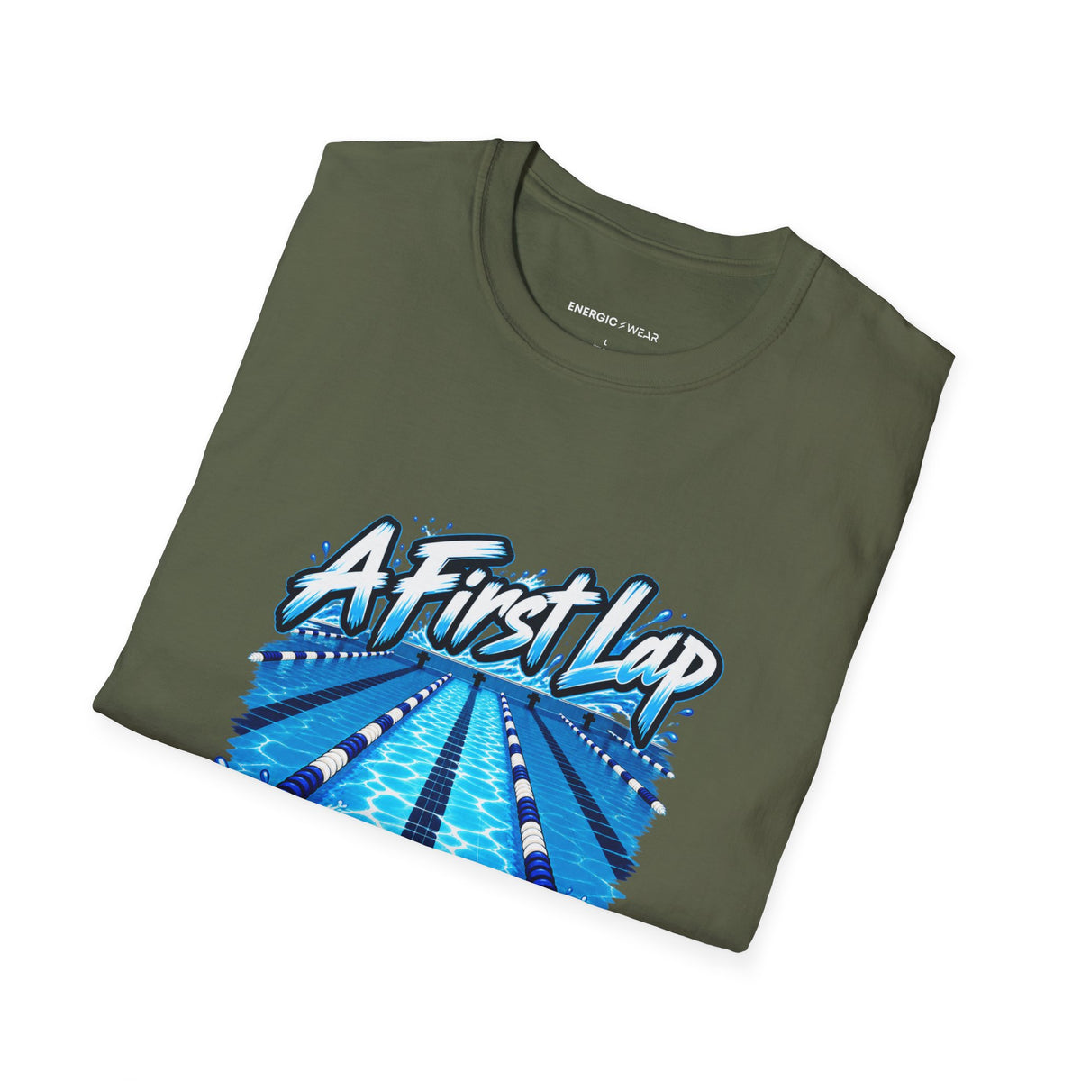 Graphic fitness T-shirt featuring the "A First Lap Is a Real Lap" design.