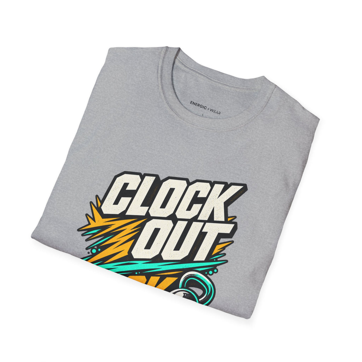 Graphic fitness T-shirt featuring the "Clock Out, Lock In" design.