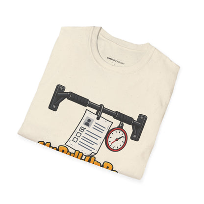 Graphic fitness T-shirt featuring the "My Pull-Up Bar Is Reviewing My Application" design.