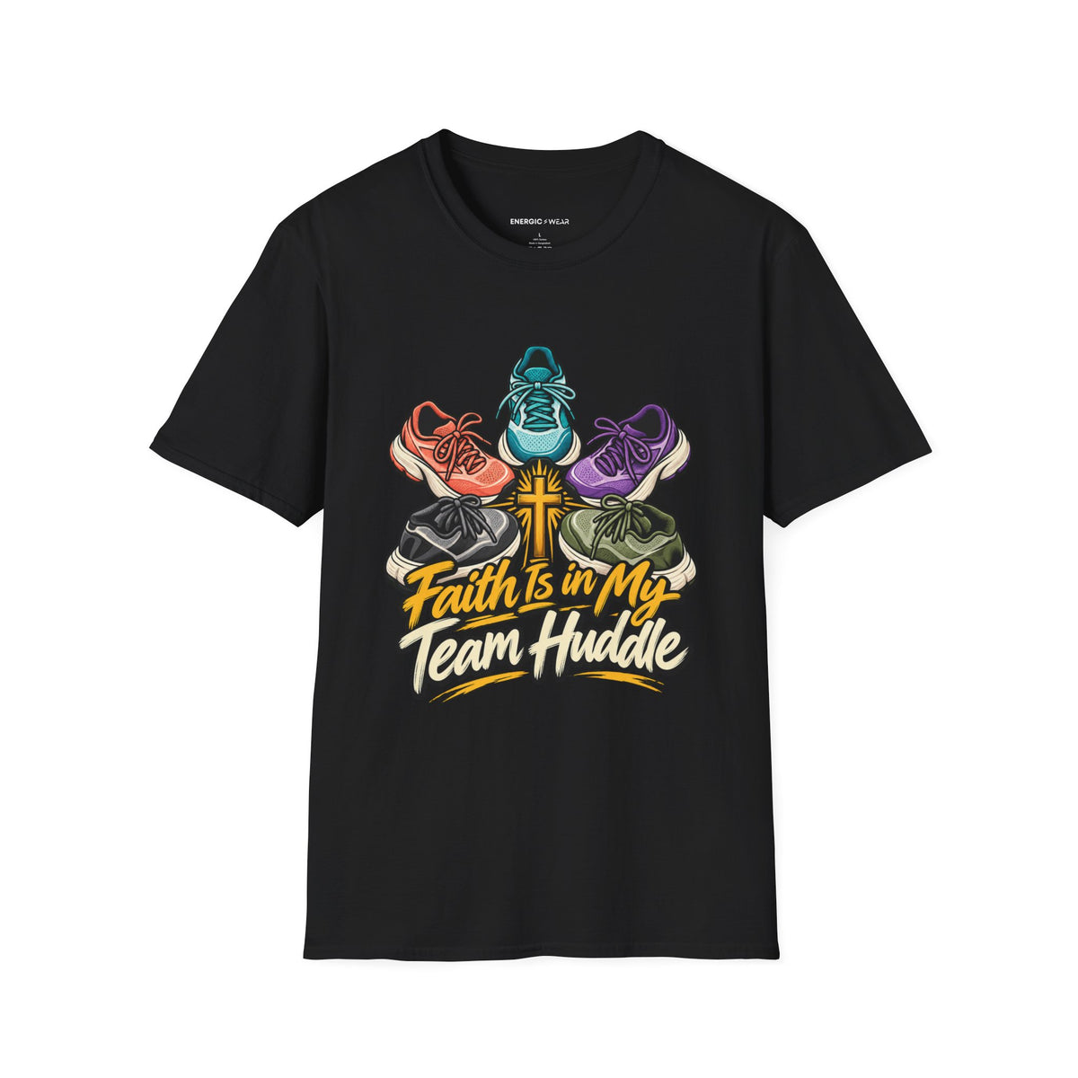 Graphic fitness T-shirt featuring the "Faith Is in My Team Huddle" design.