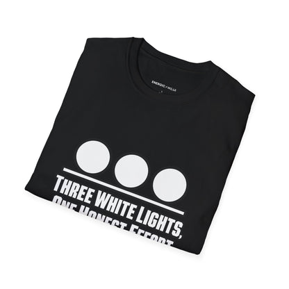 Graphic fitness T-shirt featuring the "Three White Lights One Honest Effort" design.
