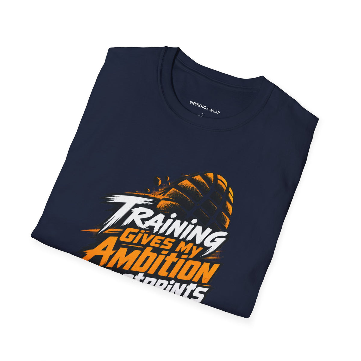 Graphic fitness T-shirt featuring the "Training Gives My Ambition Footprints" design.
