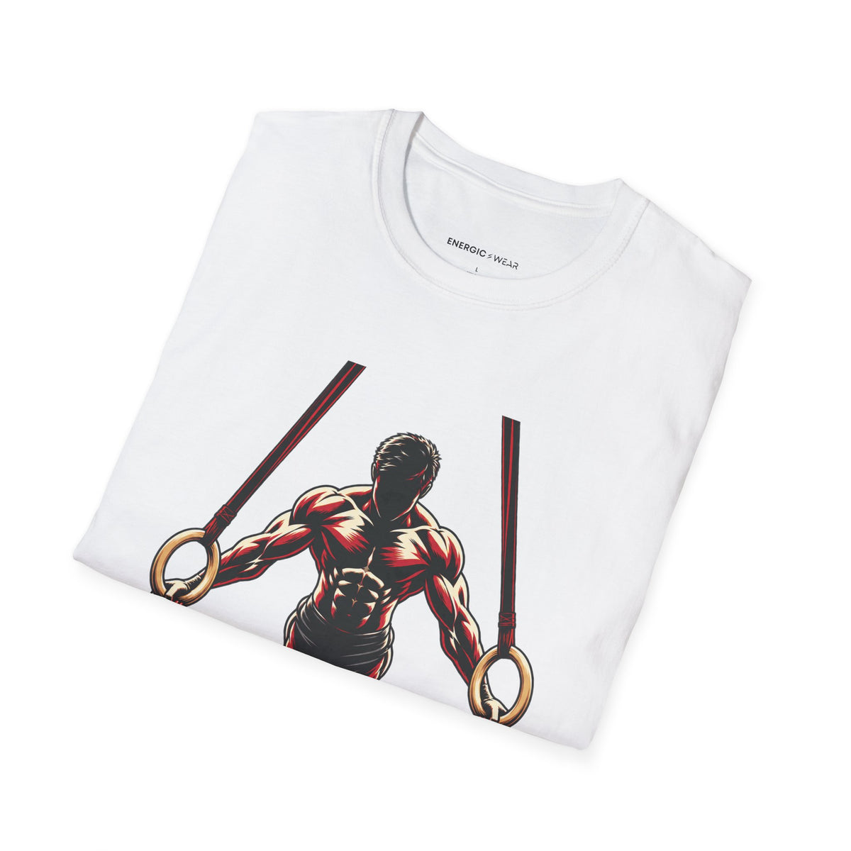Graphic fitness T-shirt featuring the "Rings Ask Every Muscle to Listen" design.