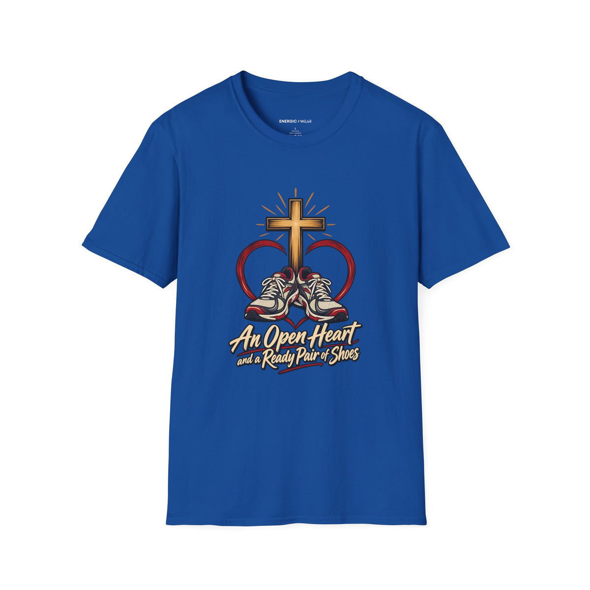 Graphic fitness T-shirt featuring the "An Open Heart and a Ready Pair of Shoes" design.