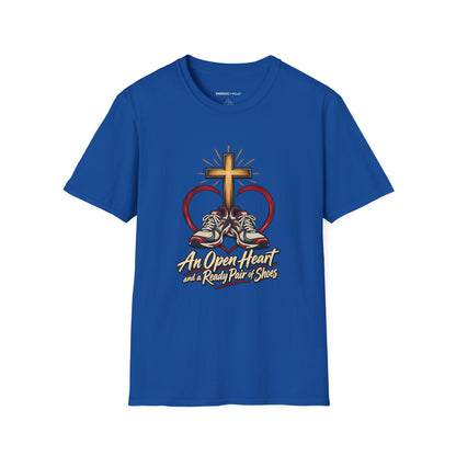 Graphic fitness T-shirt featuring the "An Open Heart and a Ready Pair of Shoes" design.