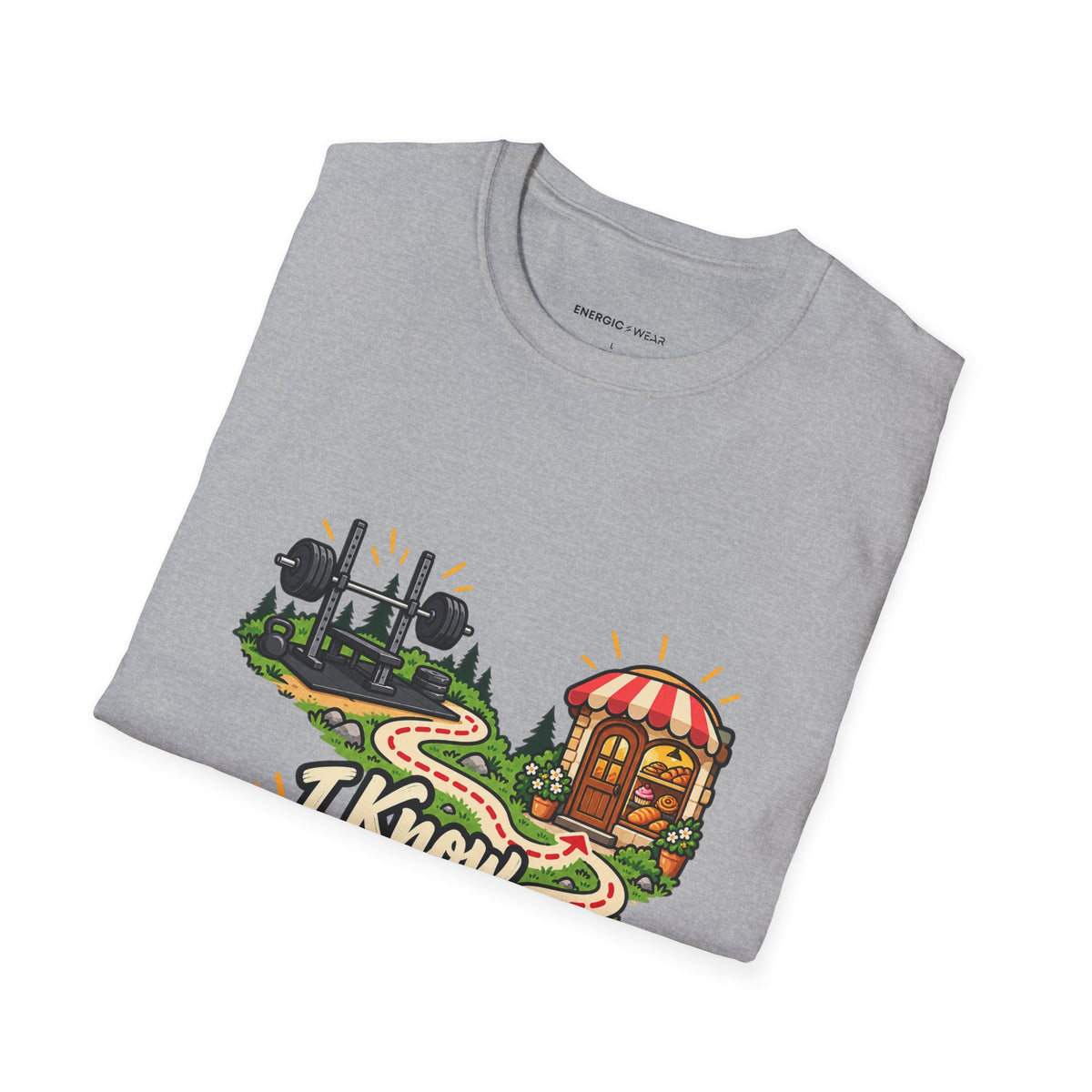 Graphic fitness T-shirt featuring the "I Know My Way Around a Bar and a Bakery" design.