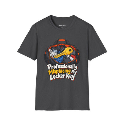 Graphic fitness T-shirt featuring the "Professionally Misplacing My Locker Key" design.