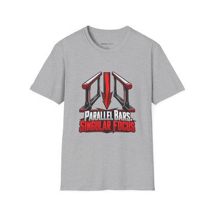 Graphic fitness T-shirt featuring the "Parallel Bars Singular Focus" design.