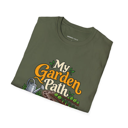 Graphic fitness T-shirt featuring the "My Garden Path Counts Toward My Day" design.