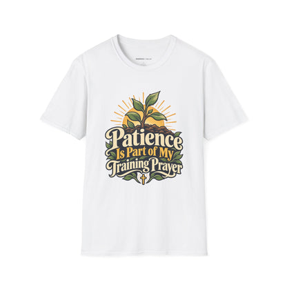 Graphic fitness T-shirt featuring the "Patience Is Part of My Training Prayer" design.
