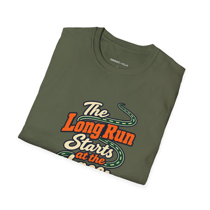Graphic fitness T-shirt featuring the "The Long Run Starts at the Laces" design.