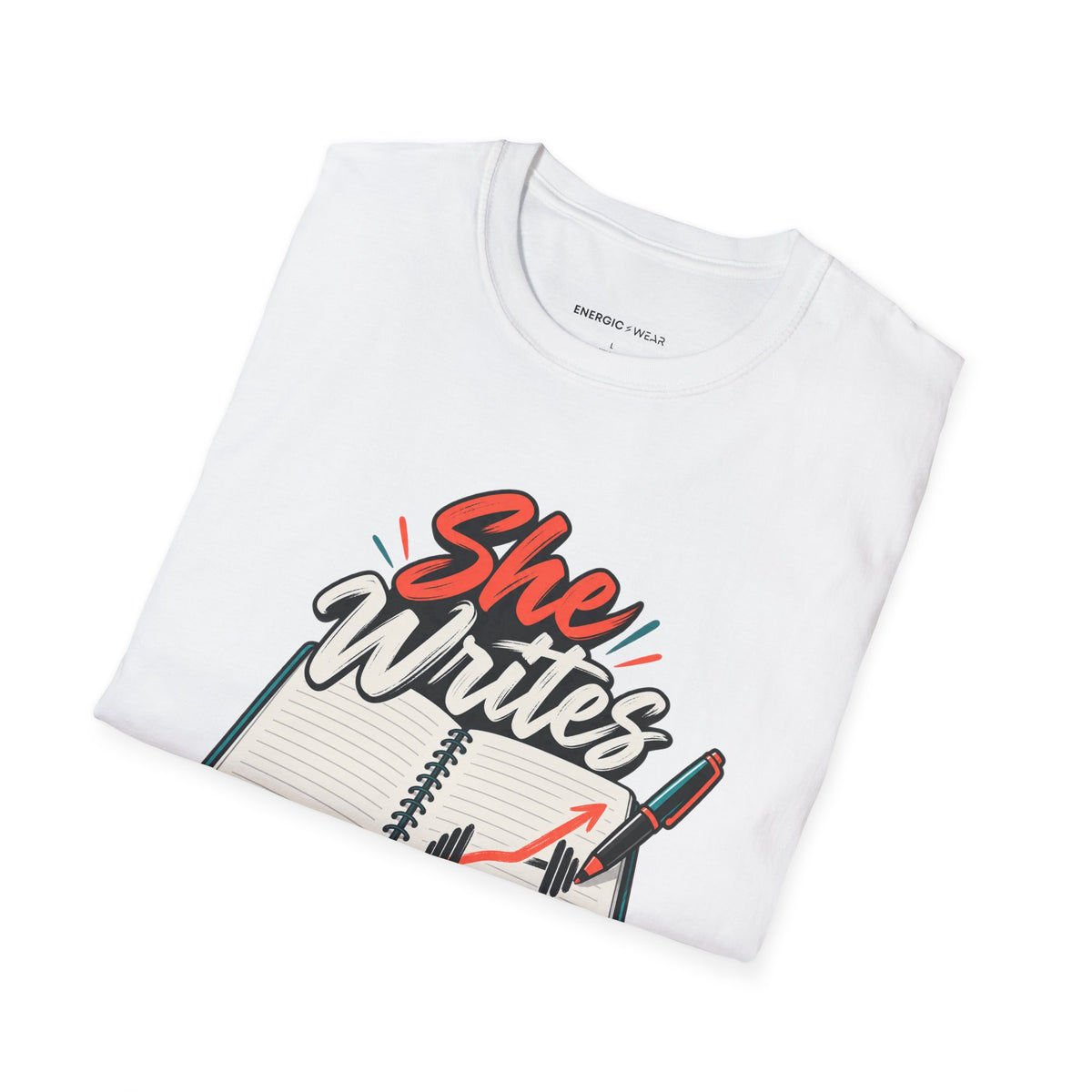 Graphic fitness T-shirt featuring the "She Writes Her Own Training Notes" design.