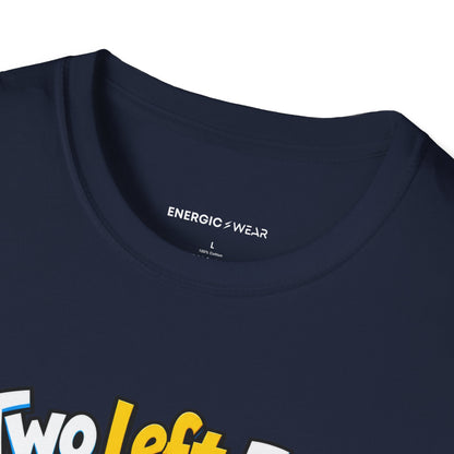 Graphic fitness T-shirt featuring the "Two Left Feet Met the Agility Ladder" design.
