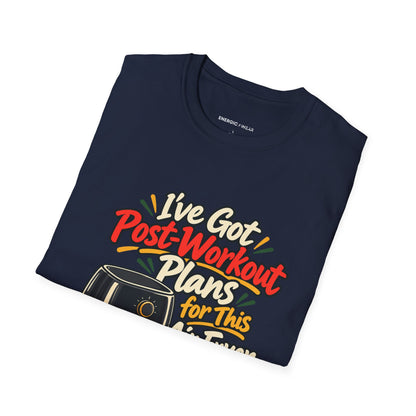 Graphic fitness T-shirt featuring the "I've Got Post-Workout Plans for This Air Fryer" design.