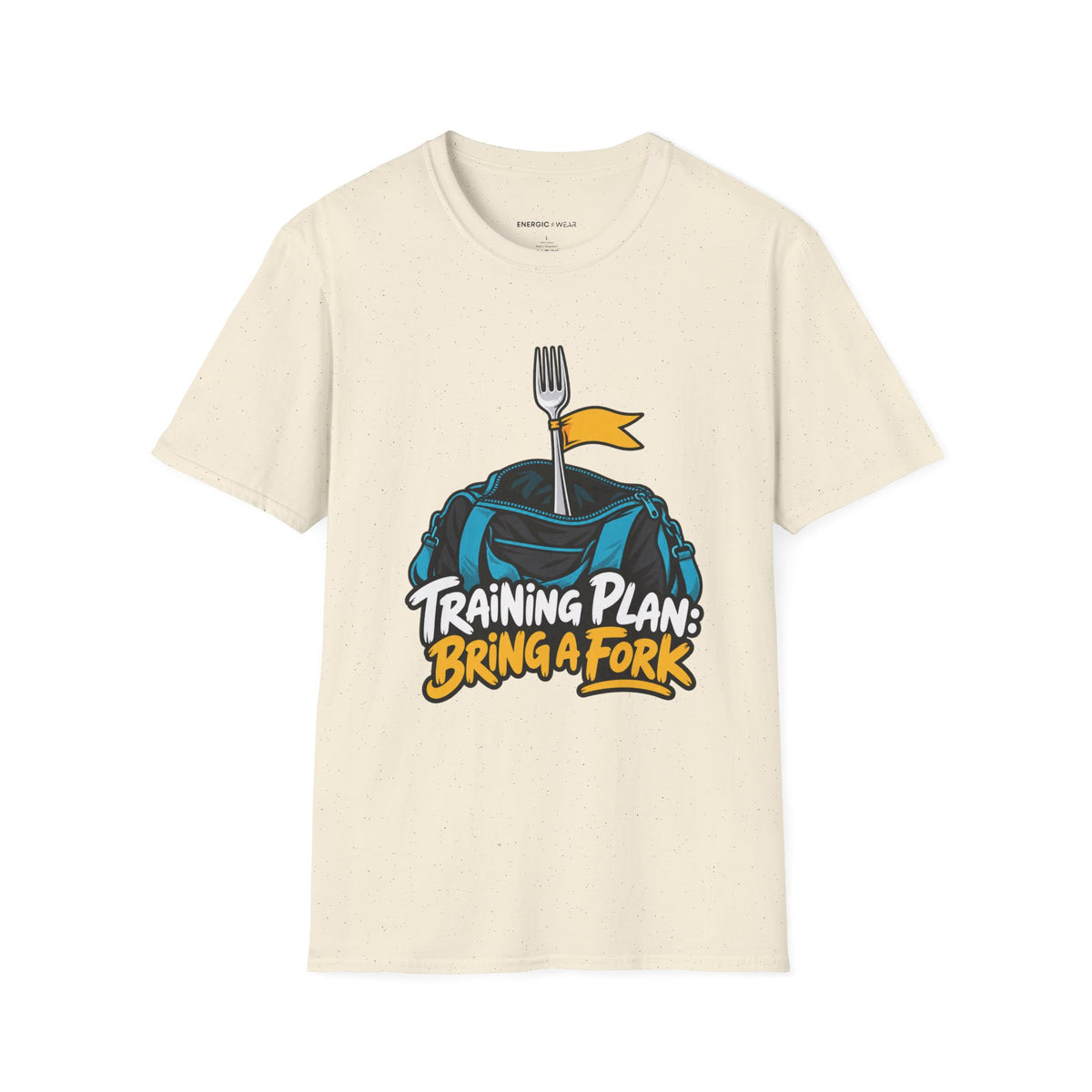 Graphic fitness T-shirt featuring the "Training Plan Bring a Fork" design.