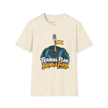 Graphic fitness T-shirt featuring the "Training Plan Bring a Fork" design.