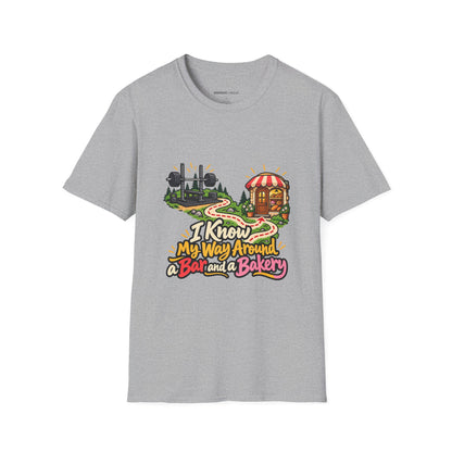 Graphic fitness T-shirt featuring the "I Know My Way Around a Bar and a Bakery" design.